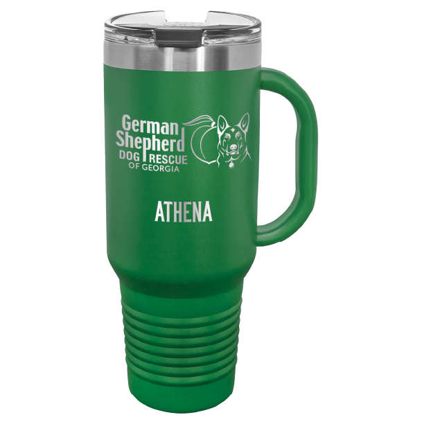 40 Oz travel tumbler, laser engraved with the logo of German Shepherd Dog Rescue of Georgia, in green