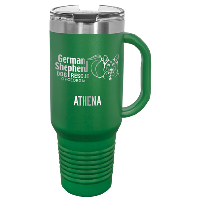 40 Oz travel tumbler, laser engraved with the logo of German Shepherd Dog Rescue of Georgia, in green