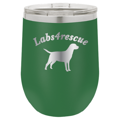 12 oz laser engraved wine tumbler with the labs4rescue logo, in green