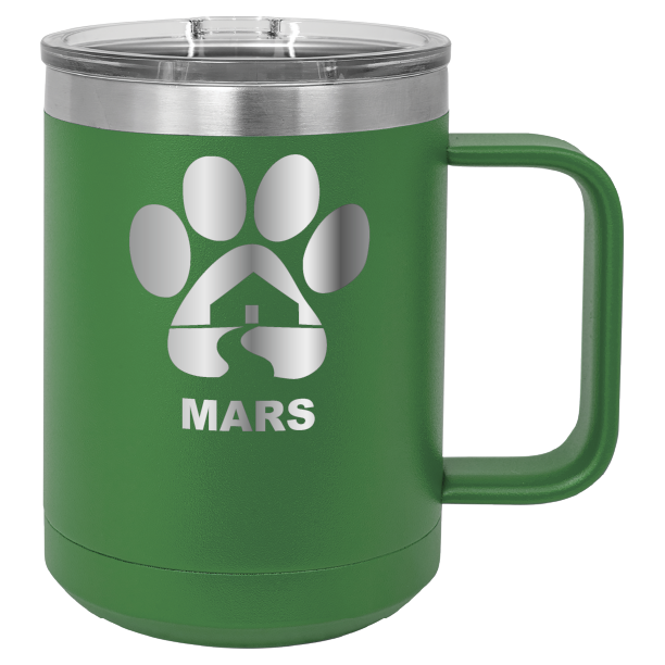 Green 15 ounce laser engraved coffee mug with the Midwest Animal Rescue & Services (MARS) logo.