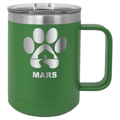 Green 15 ounce laser engraved coffee mug with the Midwest Animal Rescue & Services (MARS) logo.