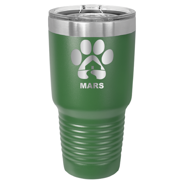 Green 30 ounce laser engraved tumbler with the Midwest Animal Rescue & Services (MARS) logo.