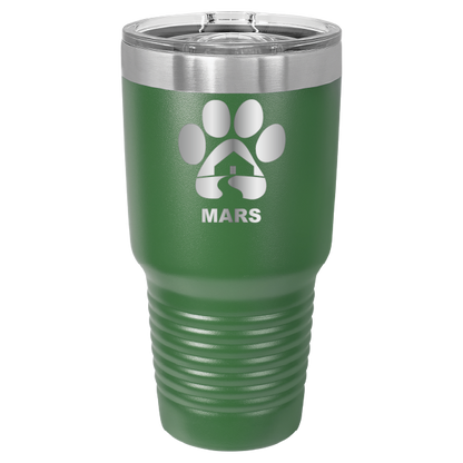 Green 30 ounce laser engraved tumbler with the Midwest Animal Rescue & Services (MARS) logo.