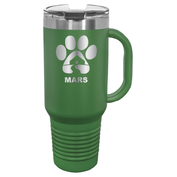 Green 40 ounce laser engraved travel mug with handle, featuring the with the Midwest Animal Rescue & Services (MARS) logo