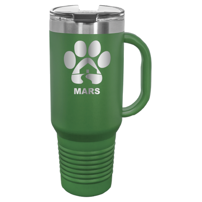 Green 40 ounce laser engraved travel mug with handle, featuring the with the Midwest Animal Rescue & Services (MARS) logo