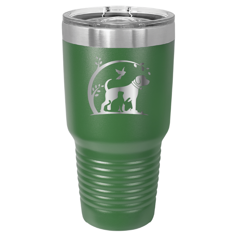 Green 30 oz laser engraved tumbler featuring the No Critter Left Behind logo