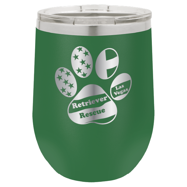Green laser engraved wine tumbler with the logo of retriever rescue of Las Vegas