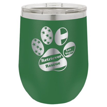 Green laser engraved wine tumbler with the logo of retriever rescue of Las Vegas