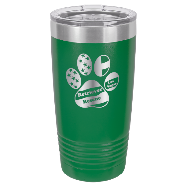 Green laser engraved 20 tumbler featuring the Retriever Rescue of Las Vegas logo