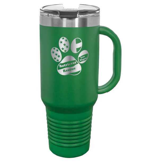 Green laser engraved tumbler with handle, featuring the logo of Retriever Rescue of Las Vegas