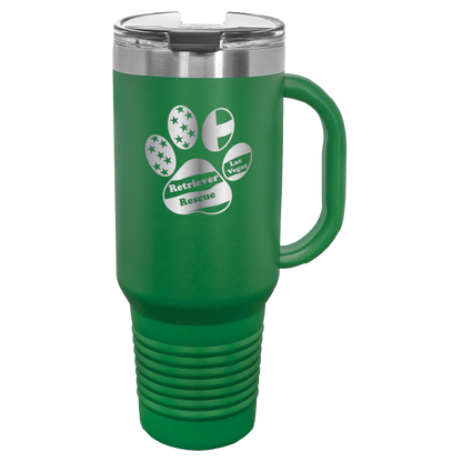 Green laser engraved tumbler with handle, featuring the logo of Retriever Rescue of Las Vegas