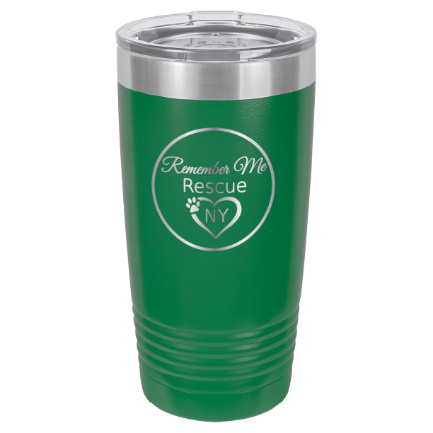 Green  laser engraved 20 tumbler featuring the logo of Remember Me Rescue NY