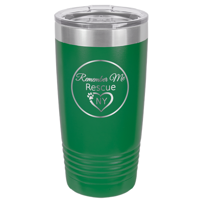 Green  laser engraved 20 tumbler featuring the logo of Remember Me Rescue NY