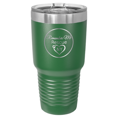 Green 30 oz laser engraved tumbler featuring the Remember Me Rescue NY logo.