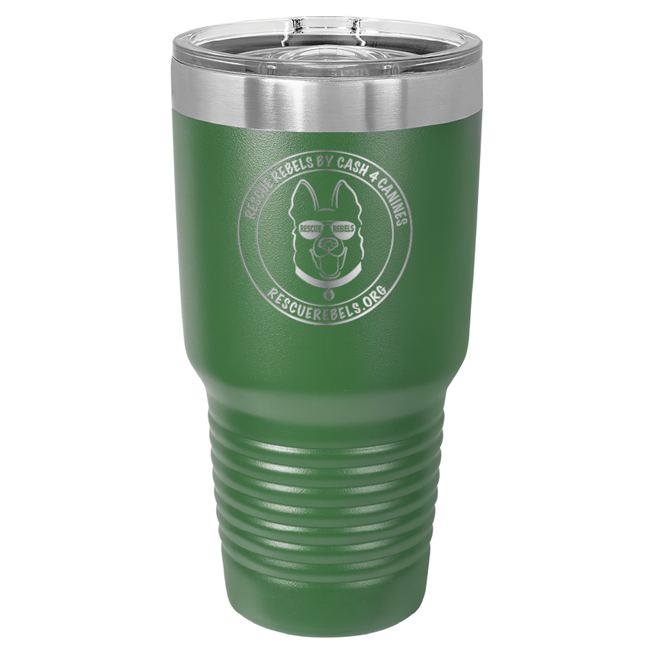 Green 30 oz tumbler laser engraved  water bottle featuring the Rescue Rebels logo