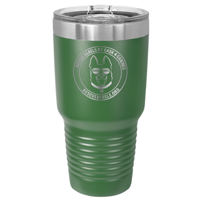 Green 30 oz tumbler laser engraved  water bottle featuring the Rescue Rebels logo