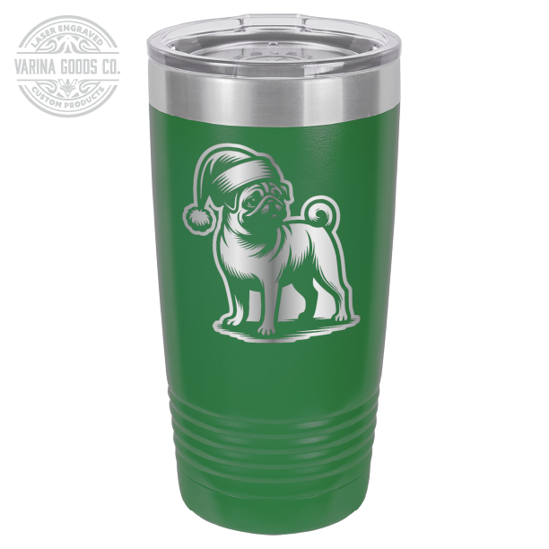 Pug wearing a Santa hat, 20 oz laser engraved tumbler, in green