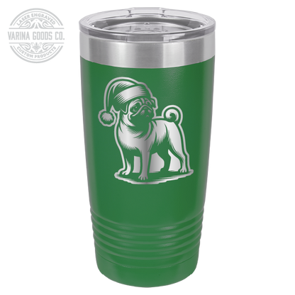 Pug wearing a Santa hat, 20 oz laser engraved tumbler, in green