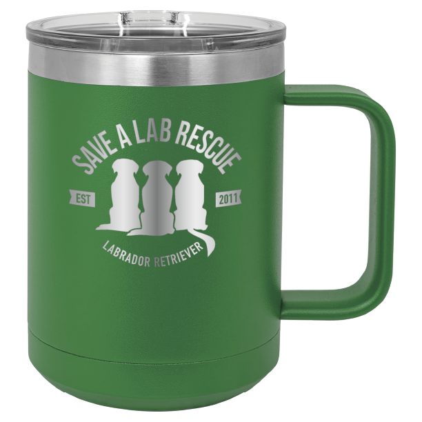 Green 15 oz laser engraved coffee cup featuring the Save A Lab Rescue logo.