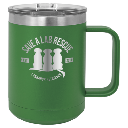 Green 15 oz laser engraved coffee cup featuring the Save A Lab Rescue logo.