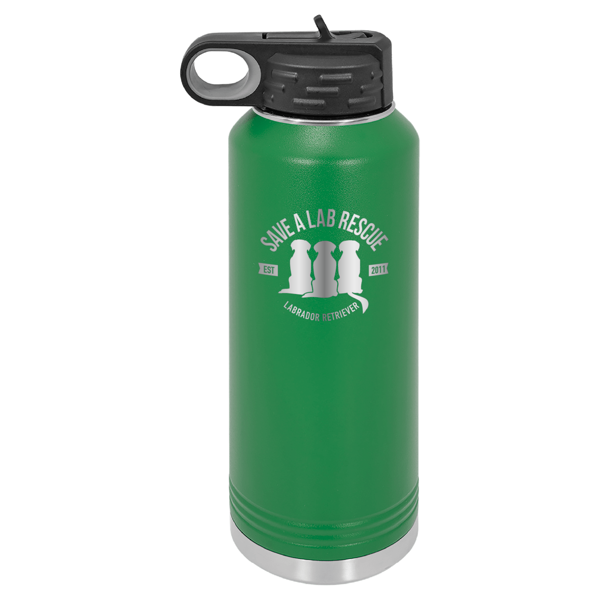 Green 40 Oz Laser engraved water bottle featuring the Save A Lab logo.