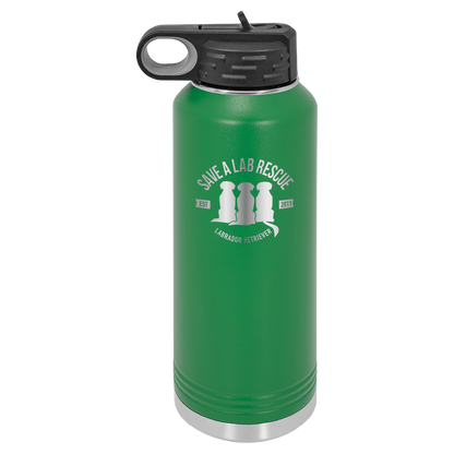 Green 40 Oz Laser engraved water bottle featuring the Save A Lab logo.