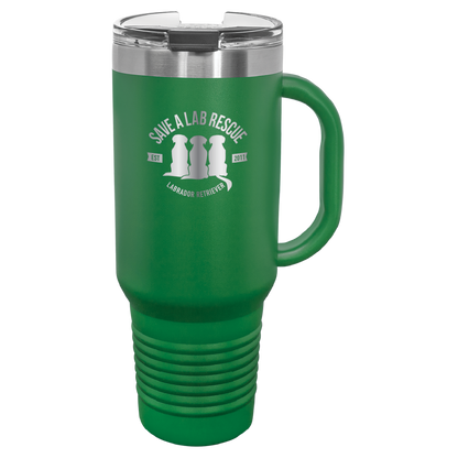 40 Oz Save A Lab Rescue Laser engraved printed tumbler.  Perfect gift for rescue moms and dads and pet parents. In green. Personalize it with your name.