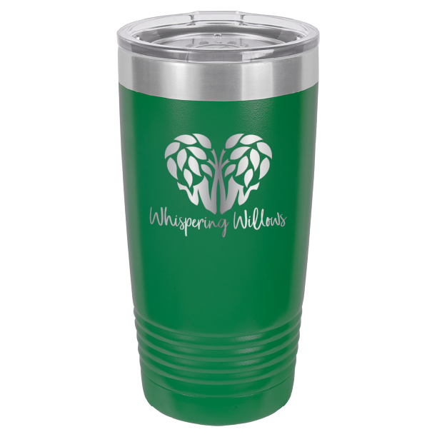 Green laser engraved 20 oz tumbler featuring the Whispering Willows logo.