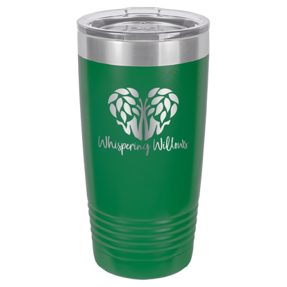 Green laser engraved 20 oz tumbler featuring the Whispering Willows logo.