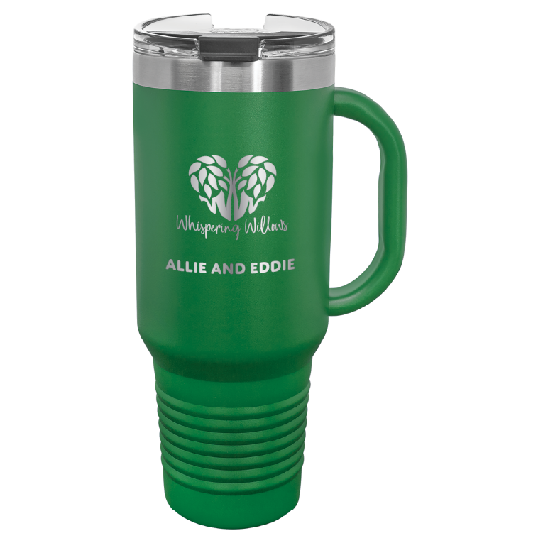 Green Whispering Willows 40 oz laser engraved tumbler. With the names "Allie and Eddie."