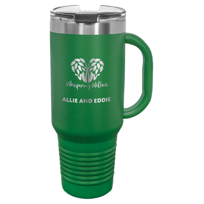 Green Whispering Willows 40 oz laser engraved tumbler. With the names "Allie and Eddie."