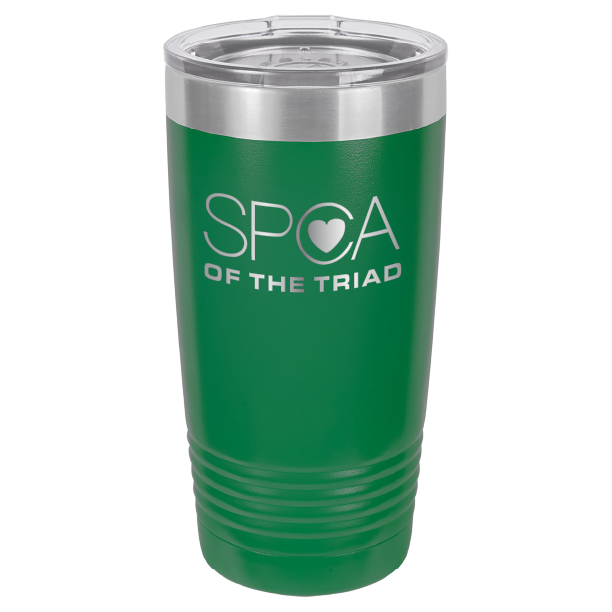 Green  laser engravved 20 Oz tumbler featuring the SPA of the Triad logo. 