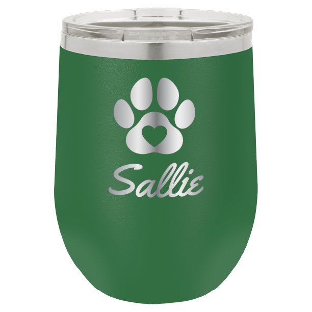 Laser engraved personalized wine tumbler featuring a paw print with heart, in green