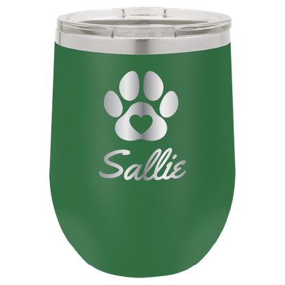 Laser engraved personalized wine tumbler featuring a paw print with heart, in green