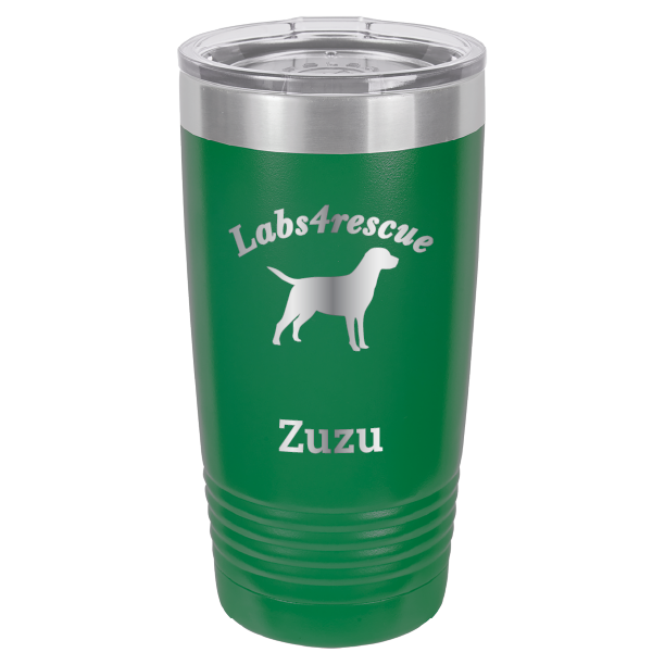 Green laser engraved 20 oz tumbler featuring the Labs4rescue logo and the name Zuzu. 