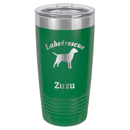 Green laser engraved 20 oz tumbler featuring the Labs4rescue logo and the name Zuzu. 
