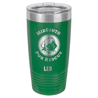 Green laser engraved 20 oz tumbler featuring the MidSouth Pug Rescue logo and the name Leo 