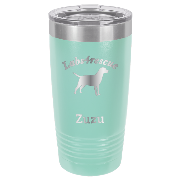 Teal laser engraved 20 oz tumbler featuring the Labs4rescue logo and the name Zuzu. 