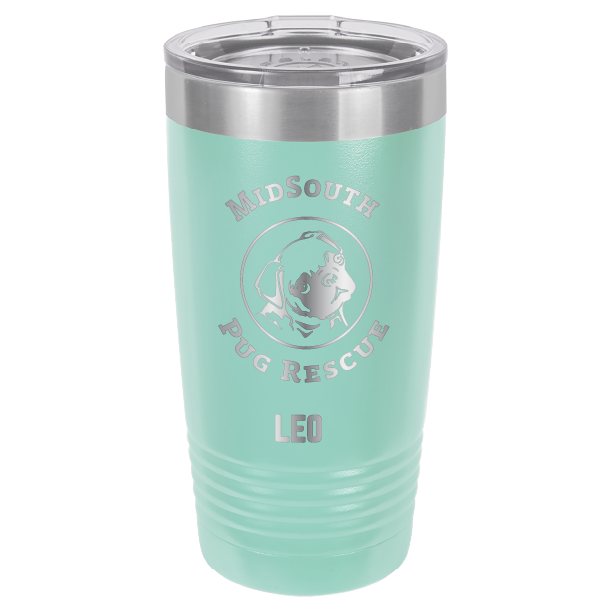 Teal laser engraved 20 oz tumbler featuring the MidSouth Pug Rescue logo and the name Leo.