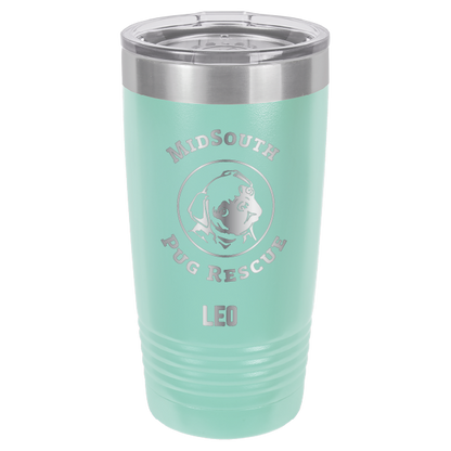 Teal laser engraved 20 oz tumbler featuring the MidSouth Pug Rescue logo and the name Leo.
