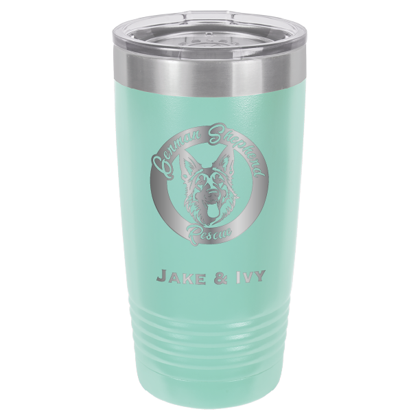 Laser Engraved teal 20 oz tumbler with German Shepherd Rescue and the names Jake and Ivy