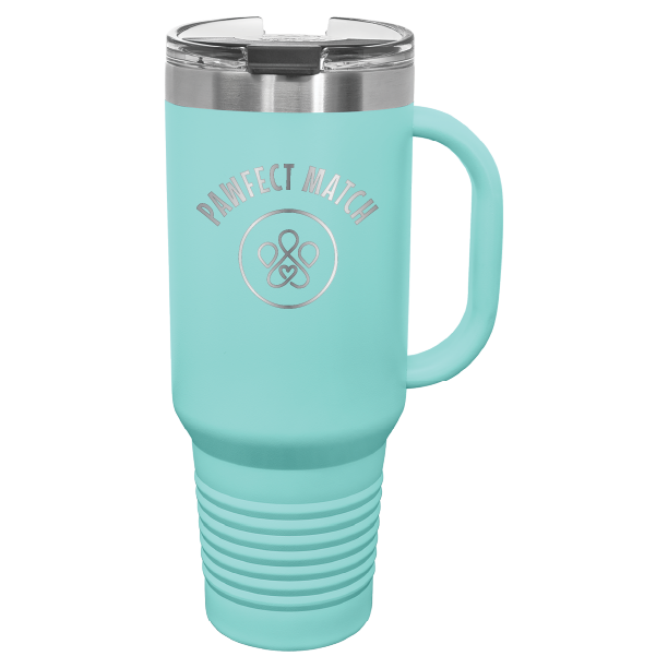 Teal 40 oz laser engraved tumbler featuring the Pawfect Match logo