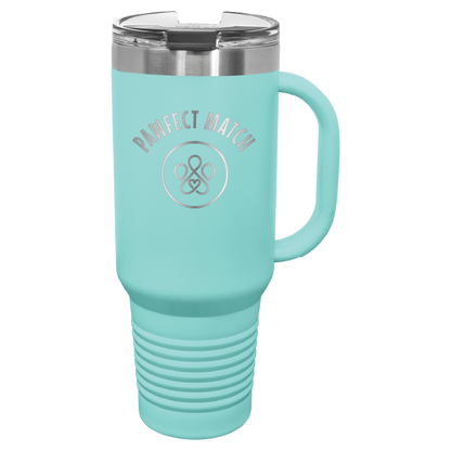 Teal 40 oz laser engraved tumbler featuring the Pawfect Match logo