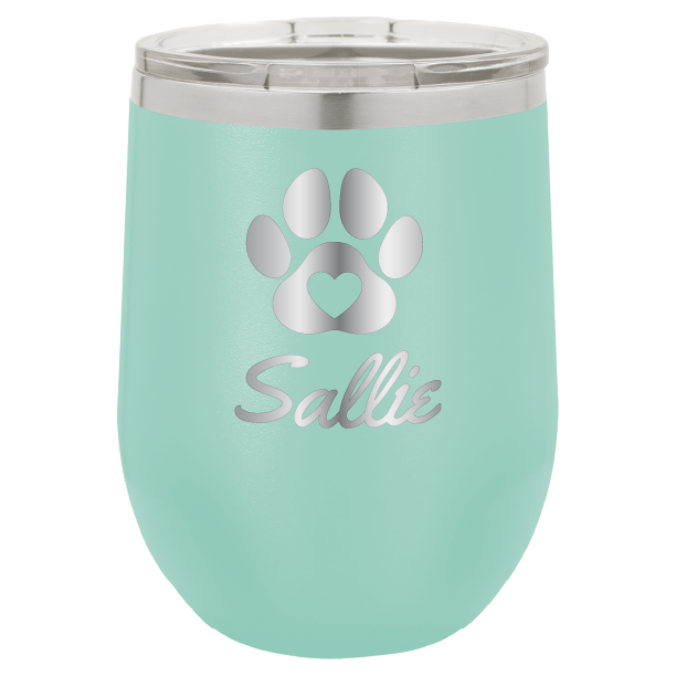 Laser engraved personalized wine tumbler featuring a paw print with heart, in teal