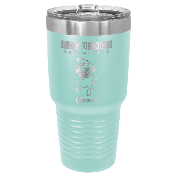 Laser engraved teal tumbler featuring Pug Ranch NM: 30 oz