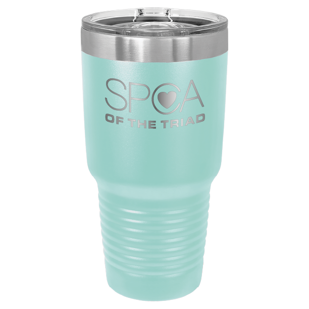 Teal 30 oz laser engraved tumbler featuring the SPCA of the Triad logo.