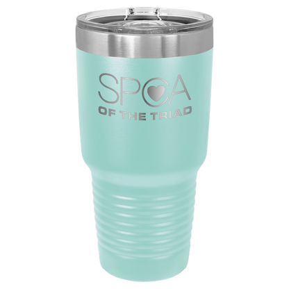 Teal 30 oz laser engraved tumbler featuring the SPCA of the Triad logo.