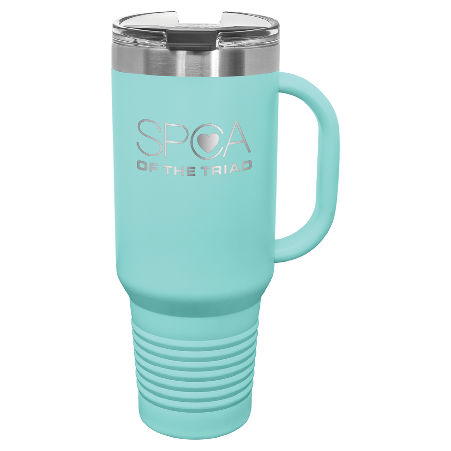 Teal 40 oz  laser engraved tumbler with the SPCA of the Triad logo.