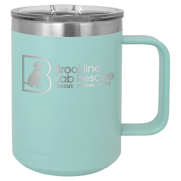 Teal laser engraved 15 of coffee cup featuring the Brookline Lab Rescue logo