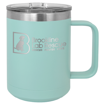 Teal laser engraved 15 of coffee cup featuring the Brookline Lab Rescue logo